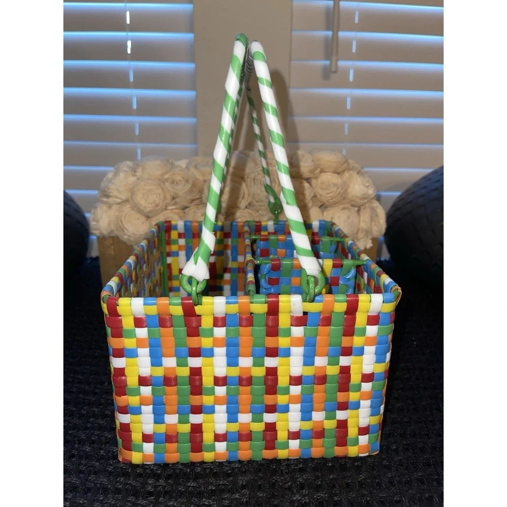 Vintage Multicolor Flatware Silverware Cutlery Caddy Plastic‎ Woven Serve Basket